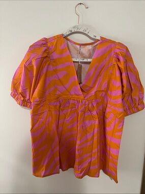 Bold Orange & Pink Zebra Print V-Neck Top